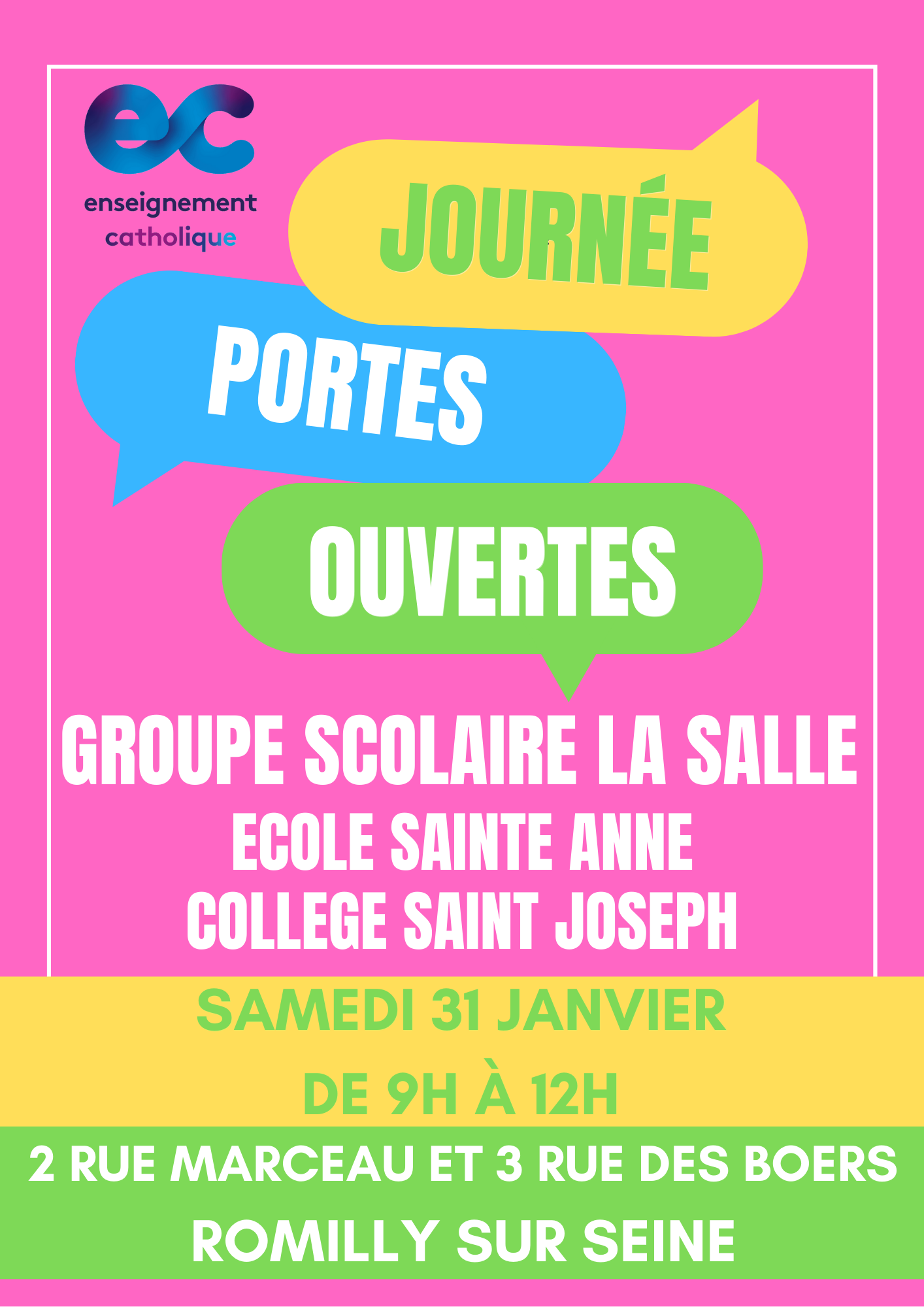Affiche Journée Portes Ouvertes - Groupe Scolaire La Salle - Samedi 31 janvier de 9h à 12h à Romilly-sur-Seine